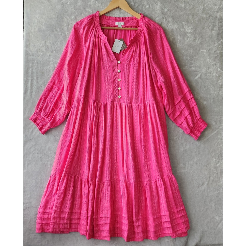 J. Jill Dress Womens Size XL Pink Floral Embroidered Dobby Tiered Smocked NWT